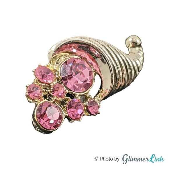 Vintage Pink Rhinestones Cornucopia Gold Tone Brooch - Picture 2 of 5